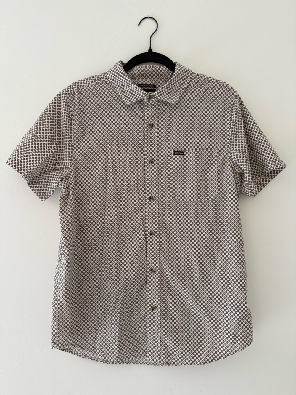 Brixton Charter Print Short Sleeve Button-Down Shirt - White & Brown Geometric